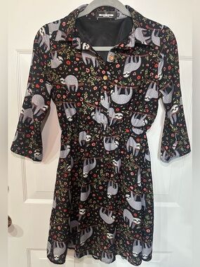 Paper Plane London Sloth Print Shirt Dress Whimsical Button Front Midi | Size S